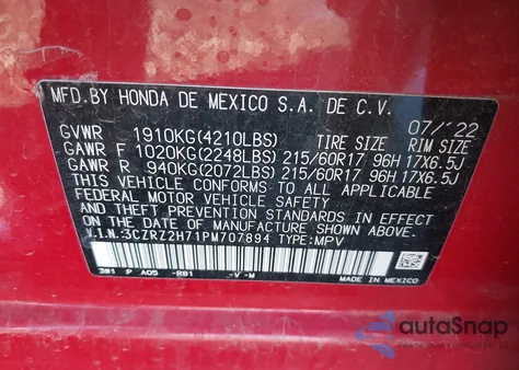 2023 Honda Hr-V Awd Ex-L z USA, uszkodzony, nr VIN 3CZRZ2H71PM707894